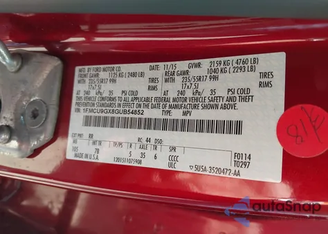 2016 Ford Escape Se z USA, uszkodzony, nr VIN 1FMCU9GX8GUB54852